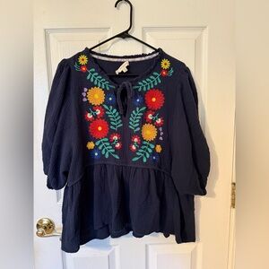 UMGEE Floral Embroidered Navy Blouse
